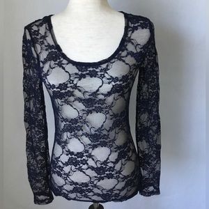 Sheer Lace Blue Long Sleeve Top Zenana Outfitters M